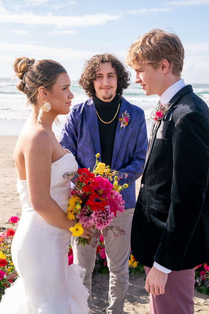 bright bouquet elopement on the beach Lincoln City, OR